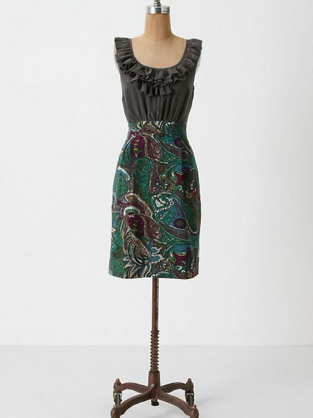 Anthropologie Maeve Seaside Fields Dress Grey with Green Paisley Skirt
